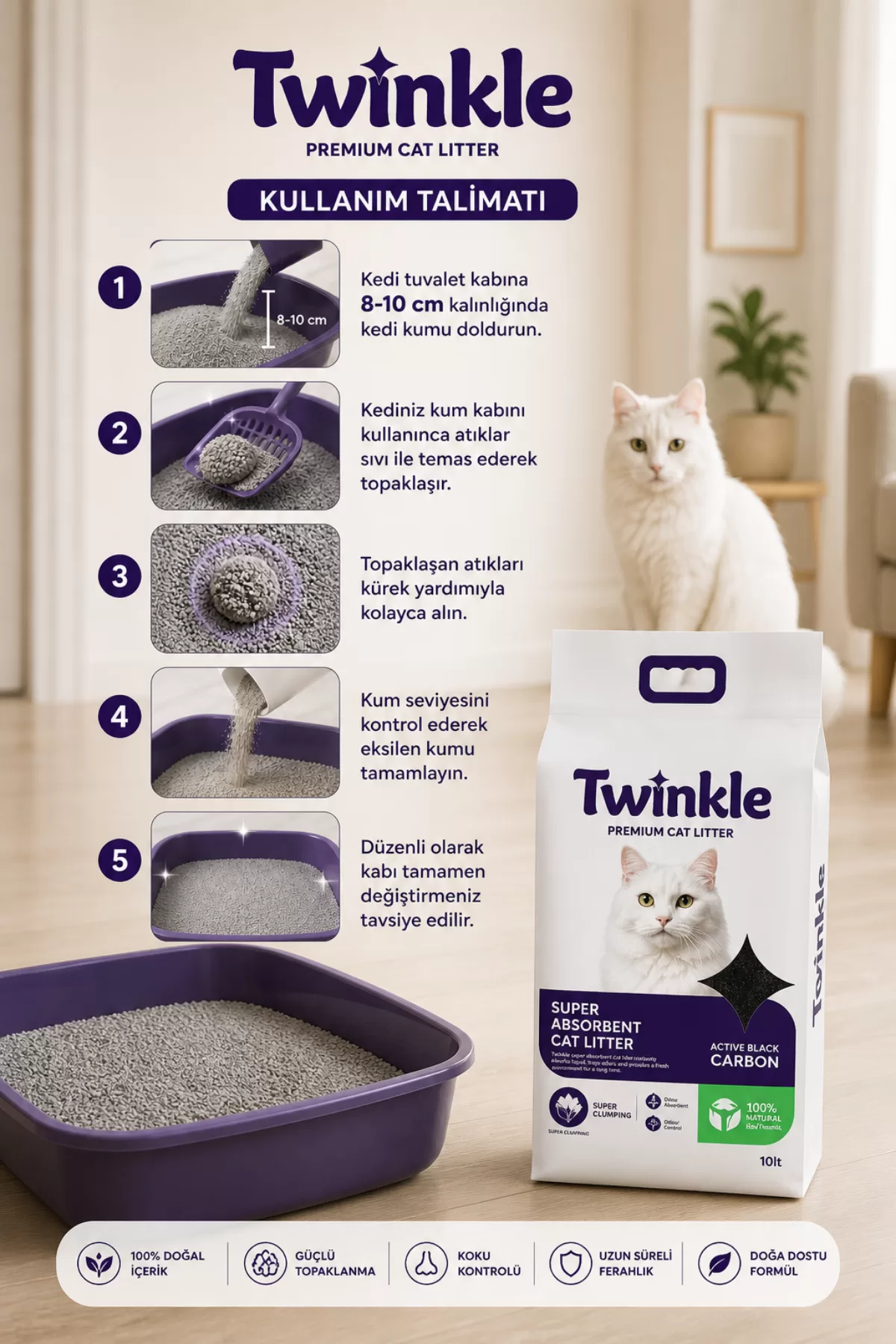 Twinkle Bentonit Kedi Kumu 10L – Süper Emici Aktif Karbonlu — ürün görseli