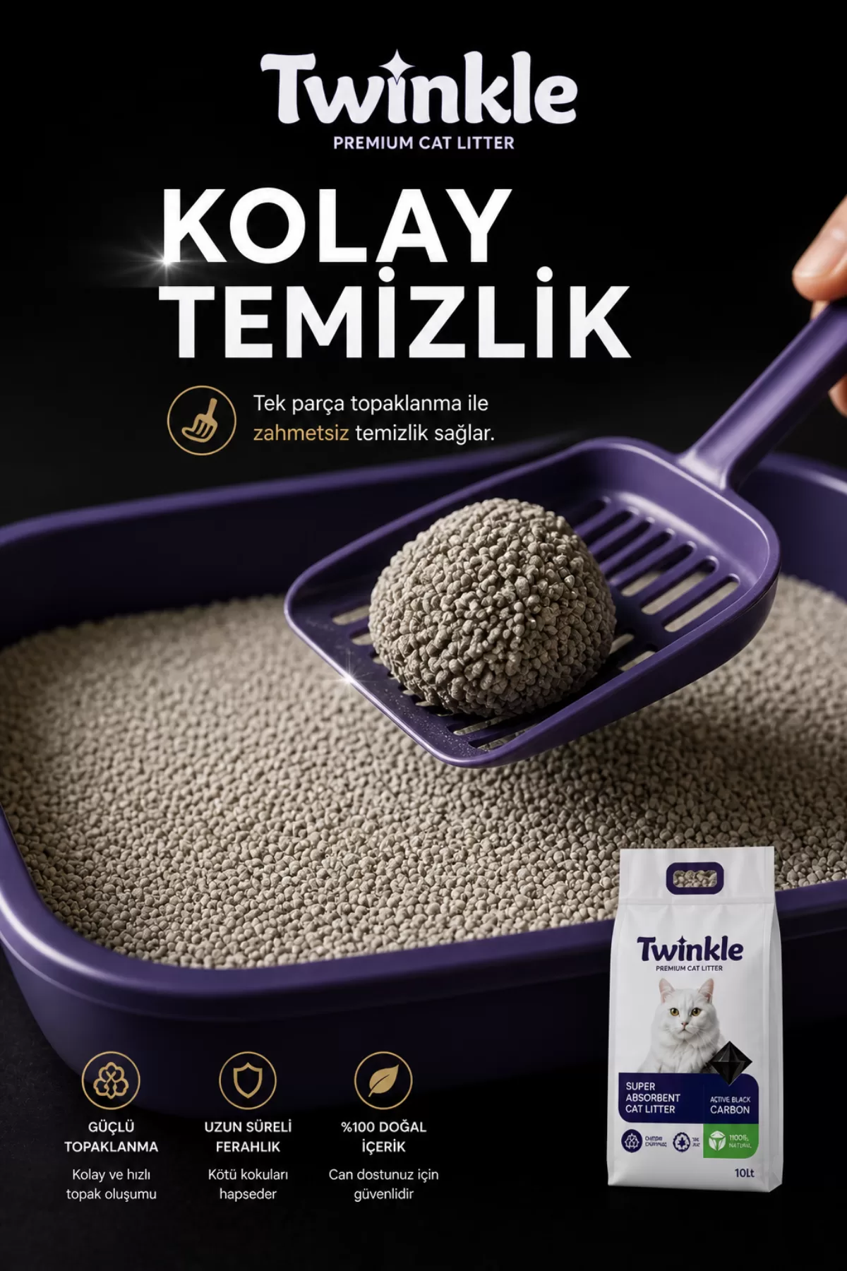 Twinkle Bentonit Kedi Kumu 10L – Süper Emici Aktif Karbonlu — ürün görseli